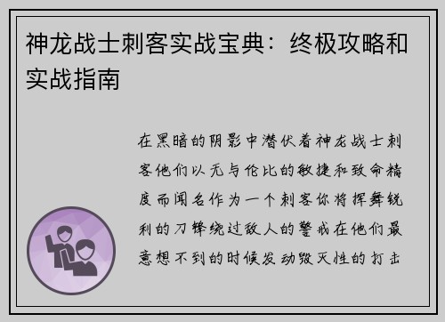 神龙战士刺客实战宝典:终极攻略和实战指南